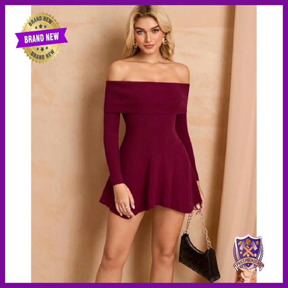 Off Shoulder Long Sleeve Mini Dress Knit A-Line Ruffle Cocktail - Picture 3 of 7